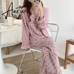 Aiertu New Autumn Winter Sleepwear 2 Pieces Sets For Women's Cotton Pajamas Turn-down Collar Homewear Large Size Pijama Pyjama Female Aiertu