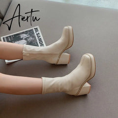 Aiertu New Autumn Winter Women Zipper Round Toe Booties New Brand Fashion Leather Ankle Boots Low Square Heels Chelsea Shoes Aiertu