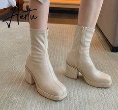 Aiertu New Autumn Winter Women Zipper Round Toe Booties New Brand Fashion Leather Ankle Boots Low Square Heels Chelsea Shoes Aiertu