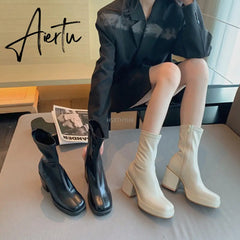 Aiertu New Autumn Winter Women Zipper Round Toe Booties New Brand Fashion Leather Ankle Boots Low Square Heels Chelsea Shoes Aiertu