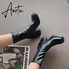 Aiertu New Autumn Winter Women Zipper Round Toe Booties New Brand Fashion Leather Ankle Boots Low Square Heels Chelsea Shoes Aiertu