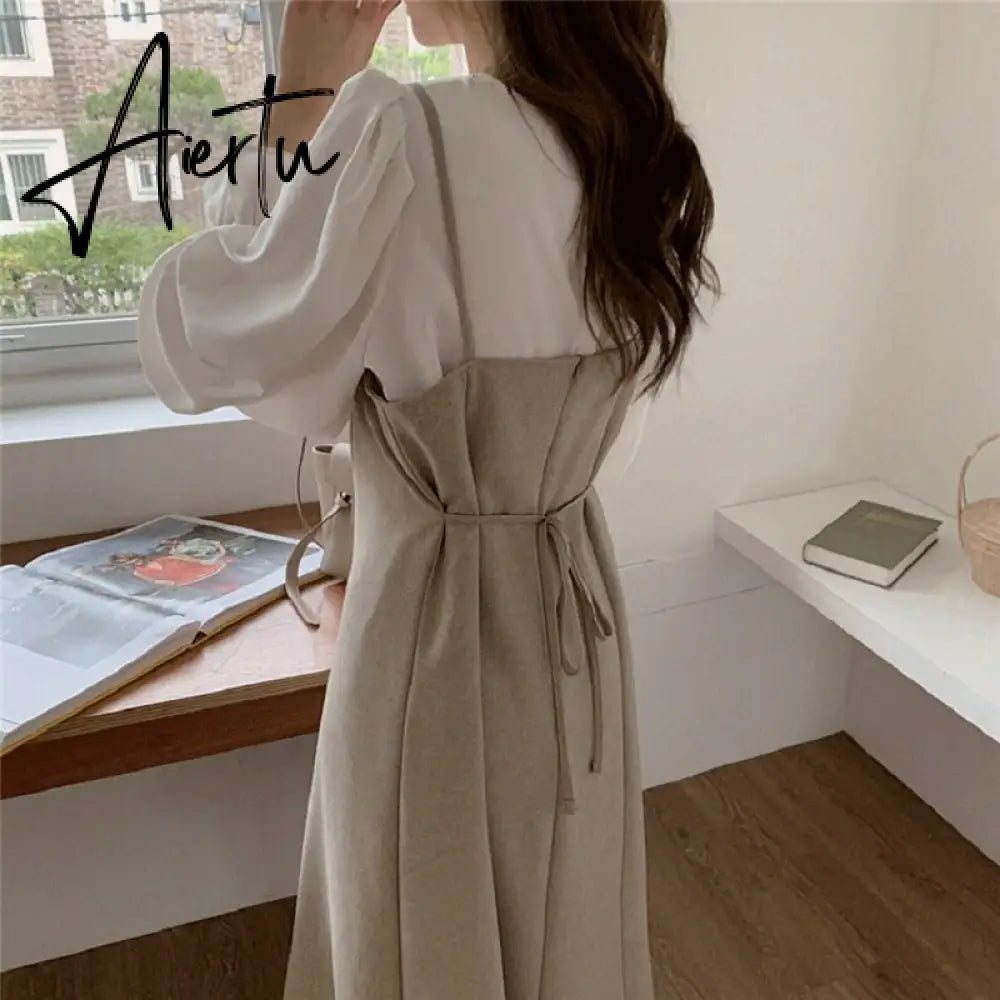 Aiertu New Autumn Winter Women's Sets 2 Pieces Blouses Sleeveless Dresses Fashionable Elegant Vintage Lace Up Long Suits Aiertu