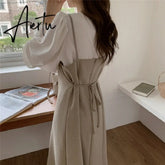 Aiertu New Autumn Winter Women's Sets 2 Pieces Blouses Sleeveless Dresses Fashionable Elegant Vintage Lace Up Long Suits Aiertu