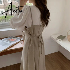 Aiertu New Autumn Winter Women's Sets 2 Pieces Blouses Sleeveless Dresses Fashionable Elegant Vintage Lace Up Long Suits Aiertu