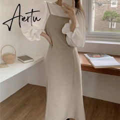 Aiertu New Autumn Winter Women's Sets 2 Pieces Blouses Sleeveless Dresses Fashionable Elegant Vintage Lace Up Long Suits Aiertu