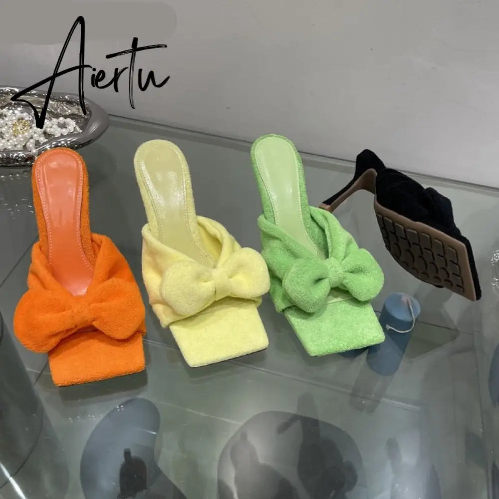 Aiertu New Brand Corduroy Square Toe Women Slipper Fashion Bow-knot Ladies Elegant Slides Thin High Heel Sandal Shoes Aiertu