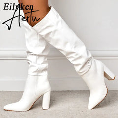 Aiertu New Brand Ladies Knee-High Boot Winter Folds Warm Square Heels Shoes Fashion Sexy Long Boots Solid Color Footwear Aiertu