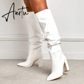 Aiertu New Brand Ladies Knee-High Boot Winter Folds Warm Square Heels Shoes Fashion Sexy Long Boots Solid Color Footwear Aiertu