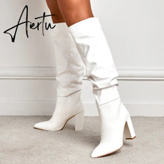 Aiertu New Brand Ladies Knee-High Boot Winter Folds Warm Square Heels Shoes Fashion Sexy Long Boots Solid Color Footwear Aiertu