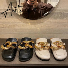 Aiertu New Brand Women Slipper Fashion Chain Decor Round Toe Flats Mules Lazy Loafer Women Outdoor Slides Slip On Sandal Aiertu