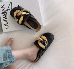 Aiertu New Brand Women Slipper Fashion Chain Decor Round Toe Flats Mules Lazy Loafer Women Outdoor Slides Slip On Sandal Aiertu