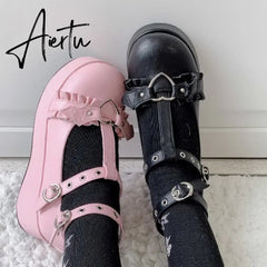 Aiertu New Chunky Platform Lolita Shoes Woman Flats Sweet Heart Buckle Mary Janes Shoes Pink T-Strap Punk Gothic Cosplay Shoes 35-43 Aiertu