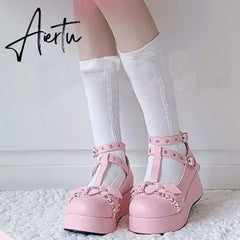 Aiertu New Chunky Platform Lolita Shoes Woman Flats Sweet Heart Buckle Mary Janes Shoes Pink T-Strap Punk Gothic Cosplay Shoes 35-43 Aiertu