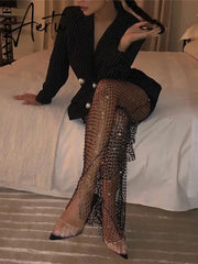 Aiertu New Crystal Diamond Shiny Women Pants Summer Sexy Hollow Out Elastic Fishnet Trousers Fashion See Through Beachwear Aiertu