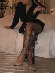 Aiertu New Crystal Diamond Shiny Women Pants Summer Sexy Hollow Out Elastic Fishnet Trousers Fashion See Through Beachwear Aiertu