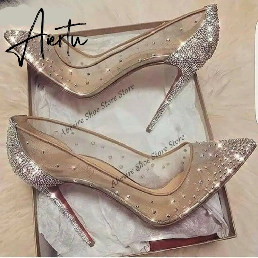 Aiertu New Crystal Pumps Shallow Crystal Stilettos Solid Pumps Beige High Heels Woman Spring Shoes Fashion Party Sexy Big Size Aiertu