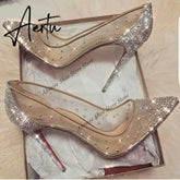 Aiertu New Crystal Pumps Shallow Crystal Stilettos Solid Pumps Beige High Heels Woman Spring Shoes Fashion Party Sexy Big Size HOT NOW Aiertu