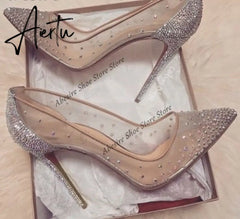 Aiertu New Crystal Pumps Shallow Crystal Stilettos Solid Pumps Beige High Heels Woman Spring Shoes Fashion Party Sexy Big Size Aiertu