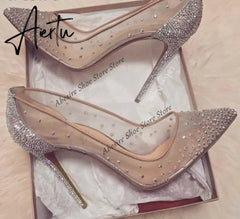 Aiertu New Crystal Pumps Shallow Crystal Stilettos Solid Pumps Beige High Heels Woman Spring Shoes Fashion Party Sexy Big Size HOT NOW Aiertu