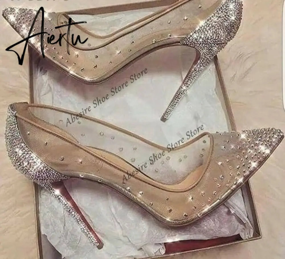 Aiertu New Crystal Pumps Shallow Crystal Stilettos Solid Pumps Beige High Heels Woman Spring Shoes Fashion Party Sexy Big Size Aiertu
