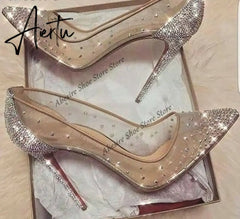 Aiertu New Crystal Pumps Shallow Crystal Stilettos Solid Pumps Beige High Heels Woman Spring Shoes Fashion Party Sexy Big Size Aiertu
