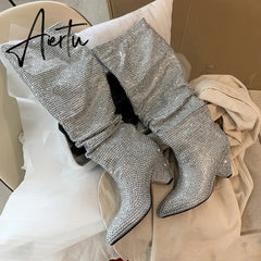 Aiertu New Crystal Shoes Woman Pointed Toe Over Knee High Boots Sexy Rhinestone Chunky Spike Heel Boots Ladies Shoes Botas Mujer Aiertu