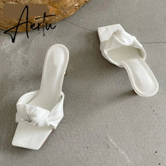 Aiertu New Design Pleated PU Leather Ladies Slippers Fashion Square Toe Sandals Women Leisure Sliders Shoes Low Thin High Heels Aiertu