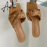 Aiertu New Design Pleated PU Leather Ladies Slippers Fashion Square Toe Sandals Women Leisure Sliders Shoes Low Thin High Heels Aiertu