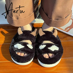 Aiertu New Design Women Winter House Furry Slippers Couple Fluffy Fur Home Slides Flat Indoor Floor Shoes Ladies Cute Flip Flops Aiertu