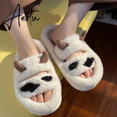 Aiertu New Design Women Winter House Furry Slippers Couple Fluffy Fur Home Slides Flat Indoor Floor Shoes Ladies Cute Flip Flops Aiertu