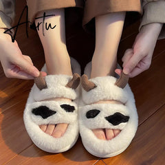 Aiertu New Design Women Winter House Furry Slippers Couple Fluffy Fur Home Slides Flat Indoor Floor Shoes Ladies Cute Flip Flops Aiertu