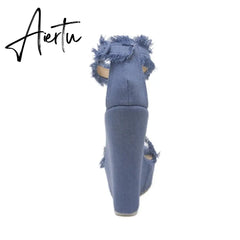 Aiertu New Designer Denim Sandals Summer Roman Sandals High Quality Wedges High Heels Peep-Toe Platform Shoes Woman Aiertu