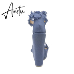 Aiertu New Designer Denim Sandals Summer Roman Sandals High Quality Wedges High Heels Peep-Toe Platform Shoes Woman Aiertu
