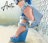 Aiertu New Designer Denim Sandals Summer Roman Sandals High Quality Wedges High Heels Peep-Toe Platform Shoes Woman Aiertu