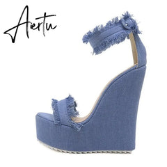 Aiertu New Designer Denim Sandals Summer Roman Sandals High Quality Wedges High Heels Peep-Toe Platform Shoes Woman Aiertu