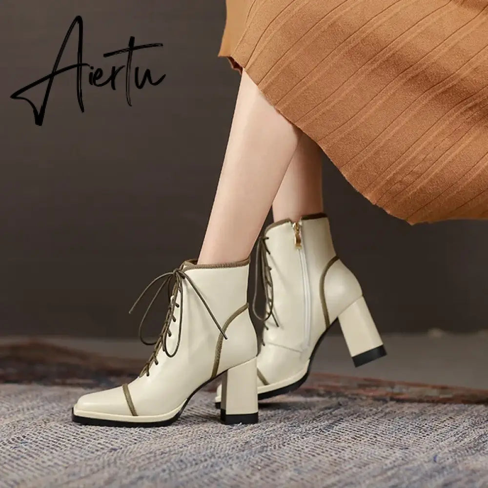 Aiertu NEW Fall Shoes Women Square Toe Chunky Boots for Women Winter Genuine Leather Boots High Heel Platform Boots Elegent Girl Shoes Aiertu