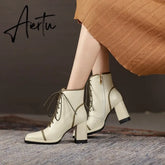 Aiertu NEW Fall Shoes Women Square Toe Chunky Boots for Women Winter Genuine Leather Boots High Heel Platform Boots Elegent Girl Shoes Aiertu