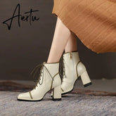 Aiertu NEW Fall Shoes Women Square Toe Chunky Boots for Women Winter Genuine Leather Boots High Heel Platform Boots Elegent Girl Shoes Aiertu