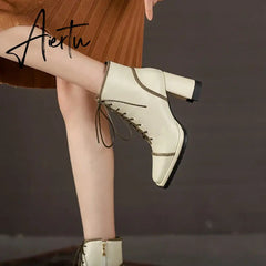 Aiertu NEW Fall Shoes Women Square Toe Chunky Boots for Women Winter Genuine Leather Boots High Heel Platform Boots Elegent Girl Shoes Aiertu