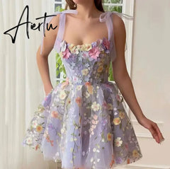 Aiertu New Fashion 2024 for Women Dresses Summer Casual Simple Sleeveless Mid Waist 3D Floral Embroidery Design Sexy Suspender Dress Aiertu
