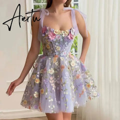Aiertu New Fashion 2024 for Women Dresses Summer Casual Simple Sleeveless Mid Waist 3D Floral Embroidery Design Sexy Suspender Dress Aiertu