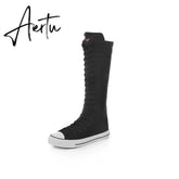 Aiertu new fashion 3Colors women's canvas boots lace zipper knee high boots boots flat shoes casual high help punk shoes girls Aiertu
