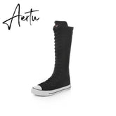 Aiertu new fashion 3Colors women's canvas boots lace zipper knee high boots boots flat shoes casual high help punk shoes girls Aiertu
