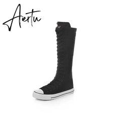 Aiertu new fashion 3Colors women's canvas boots lace zipper knee high boots boots flat shoes casual high help punk shoes girls Aiertu
