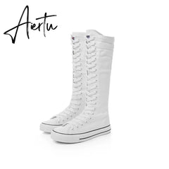Aiertu new fashion 3Colors women's canvas boots lace zipper knee high boots boots flat shoes casual high help punk shoes girls Aiertu