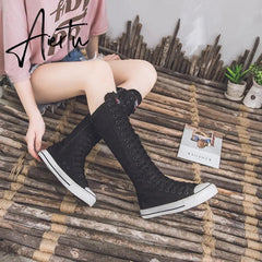 Aiertu new fashion 3Colors women's canvas boots lace zipper knee high boots boots flat shoes casual high help punk shoes girls Aiertu