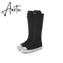Aiertu new fashion 3Colors women's canvas boots lace zipper knee high boots boots flat shoes casual high help punk shoes girls Aiertu