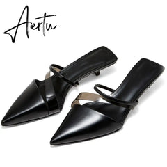 Aiertu New Fashion Brand Low Heel Slippers Women Slip On Pointed Toe Thin Heel Slides Outdoor Casual Mules Ladies Dress Shoes Aiertu