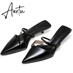 Aiertu New Fashion Brand Low Heel Slippers Women Slip On Pointed Toe Thin Heel Slides Outdoor Casual Mules Ladies Dress Shoes Aiertu