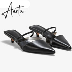 Aiertu New Fashion Brand Low Heel Slippers Women Slip On Pointed Toe Thin Heel Slides Outdoor Casual Mules Ladies Dress Shoes Aiertu